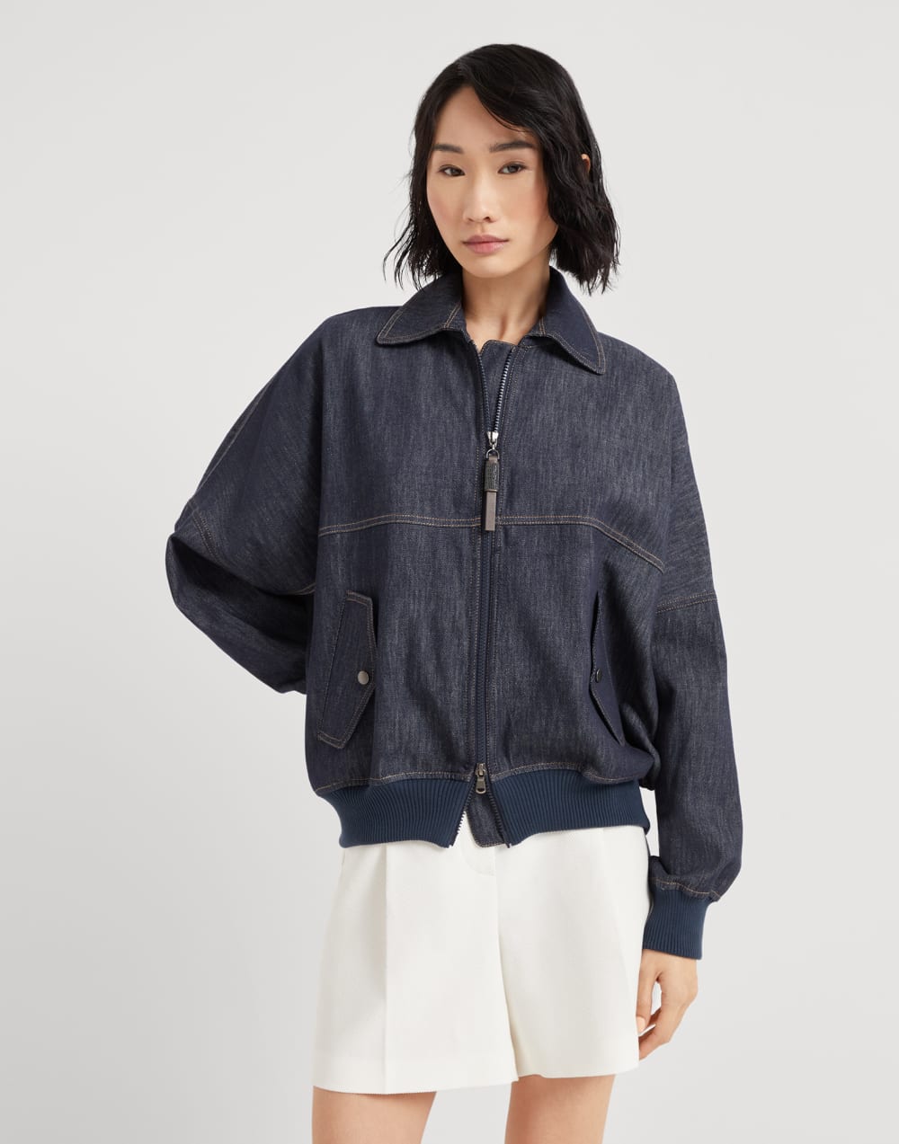 Brunello Cucinelli Women's Denim-effect Twill Bomber Jacket with Shiny Zipper Pull