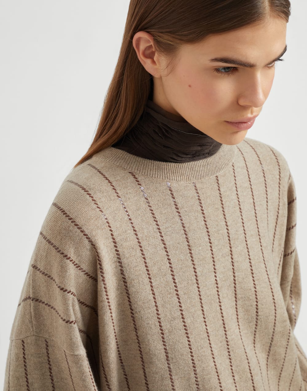 Brunello Cucinelli Women's Cashmere Sweater with Dazzling Chalk Stripe Embroidery