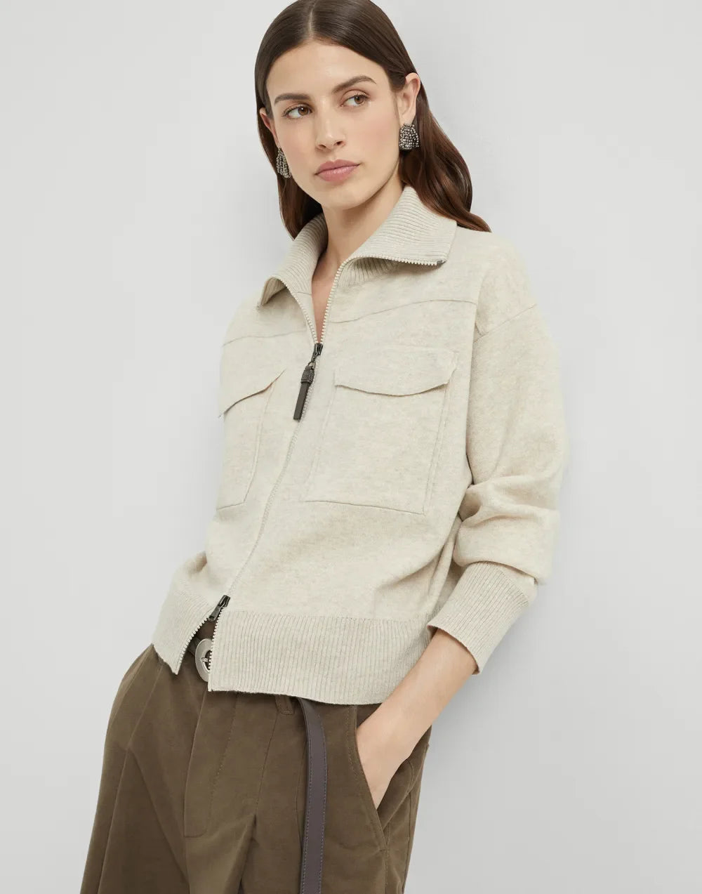 Brunello Cucinelli Women's Cashmere Double Knit Cardigan with Shiny Zipper Pull